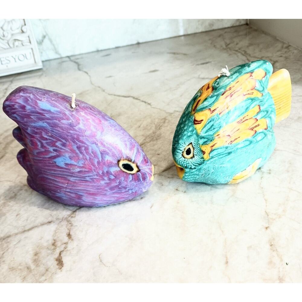 2 Tropical Fish Candles 5" Angel Clown Romantic Kissing Lips Colorful 1970s